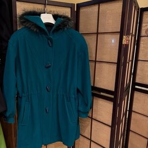Elegant Teal Women's Wool Coat with Fur Trim